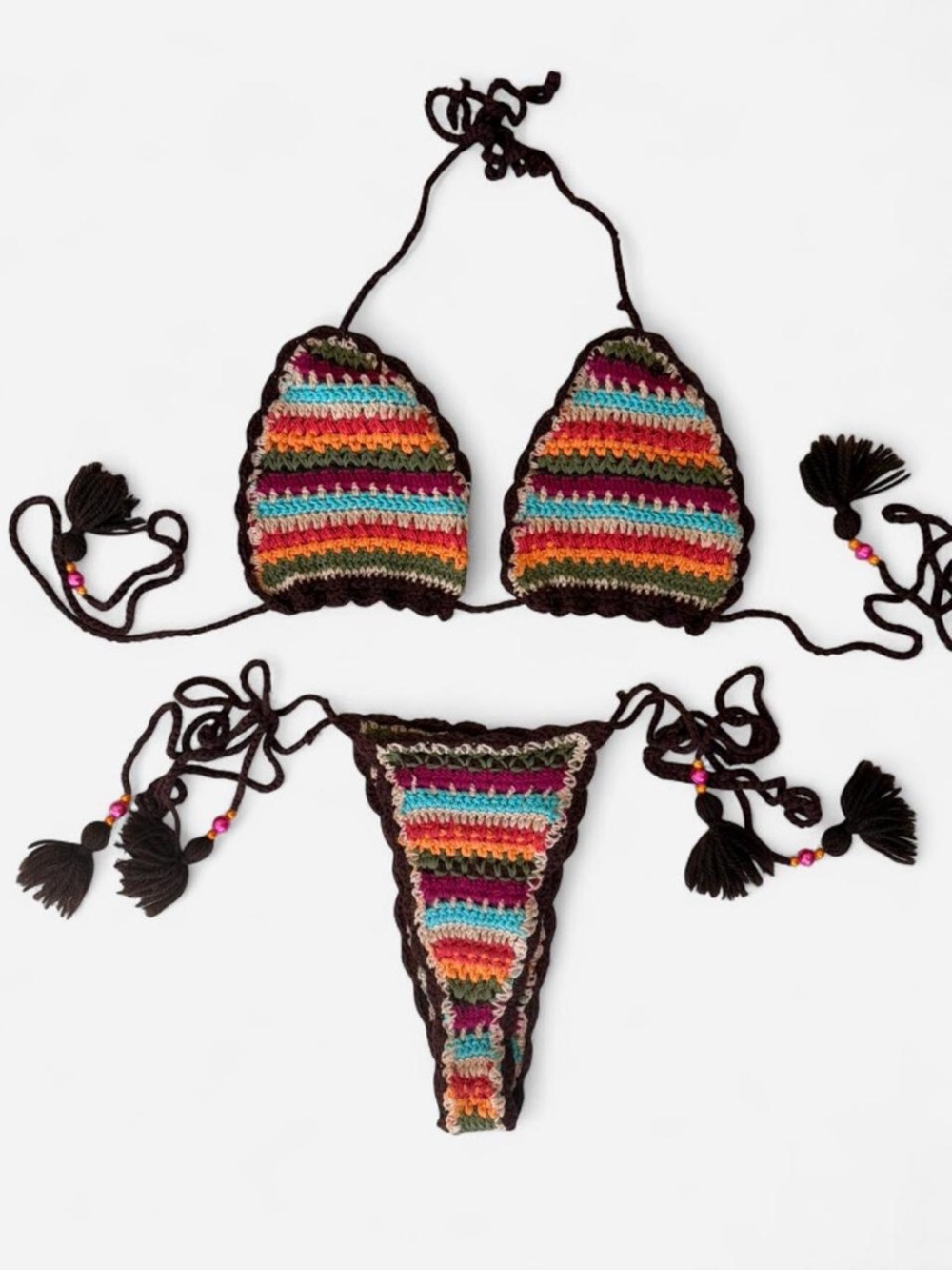 Handmade Multicolor Crochet Bikini with Brown Trip and Tassels - One Size